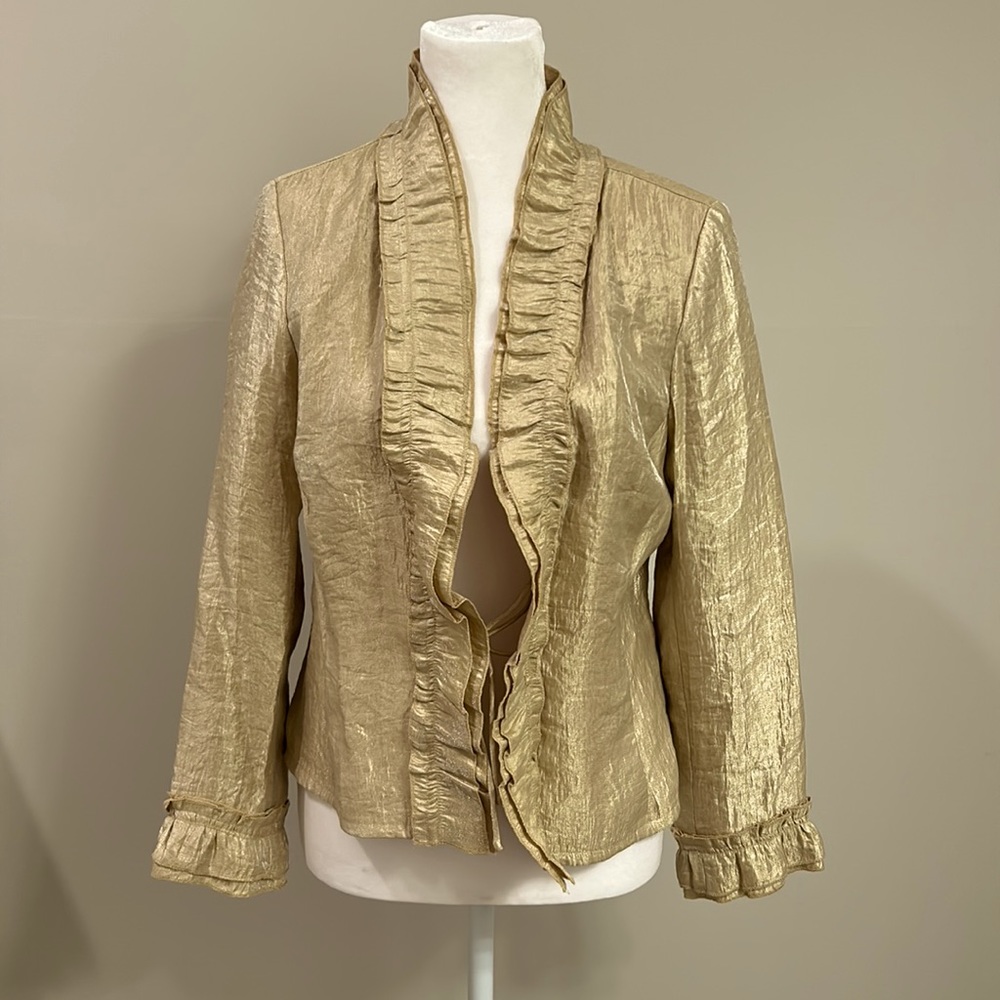 Rafael Petite Open Front Ruffle Blazer/Jacket/Top- Petite Small- Gold Sheen